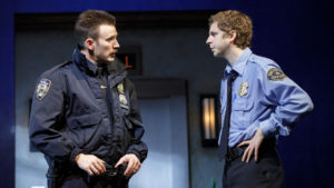 Chris Evans and Michael Cera star in Second Stage's production of Kenneth Lonergan's "Lobby Hero" at the Helen Hayes Theatre.