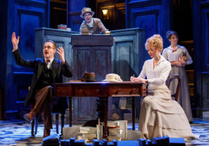 Peter McDonald, Tom Hollander, Scarlett Strallen, and Sara Topham in Roundabout Theatre Company's production of "Travesties" by Tom Stoppard at the American Airlines Theatre.