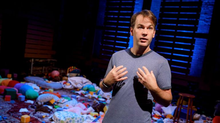 Mike Birbiglia in his latest solo show "The New One" at the Cherry Lane Theatre. Photo by Joan Marcus.