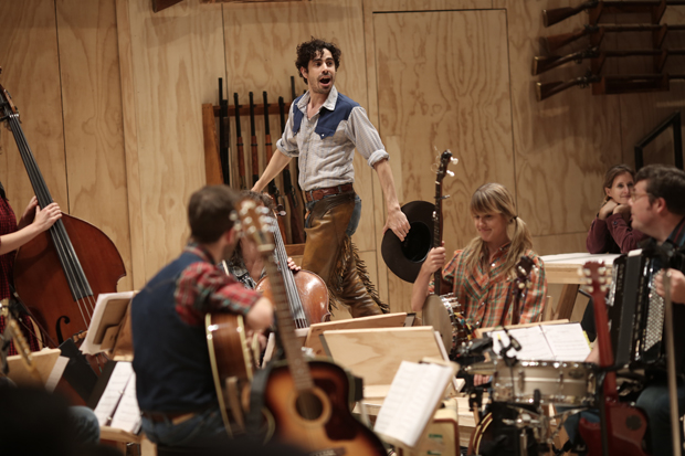 Damon Daunno in Daniel Fish's revisal of Rodgers and Hammerstein's "Oklahoma!" at St. Ann's Warehouse.