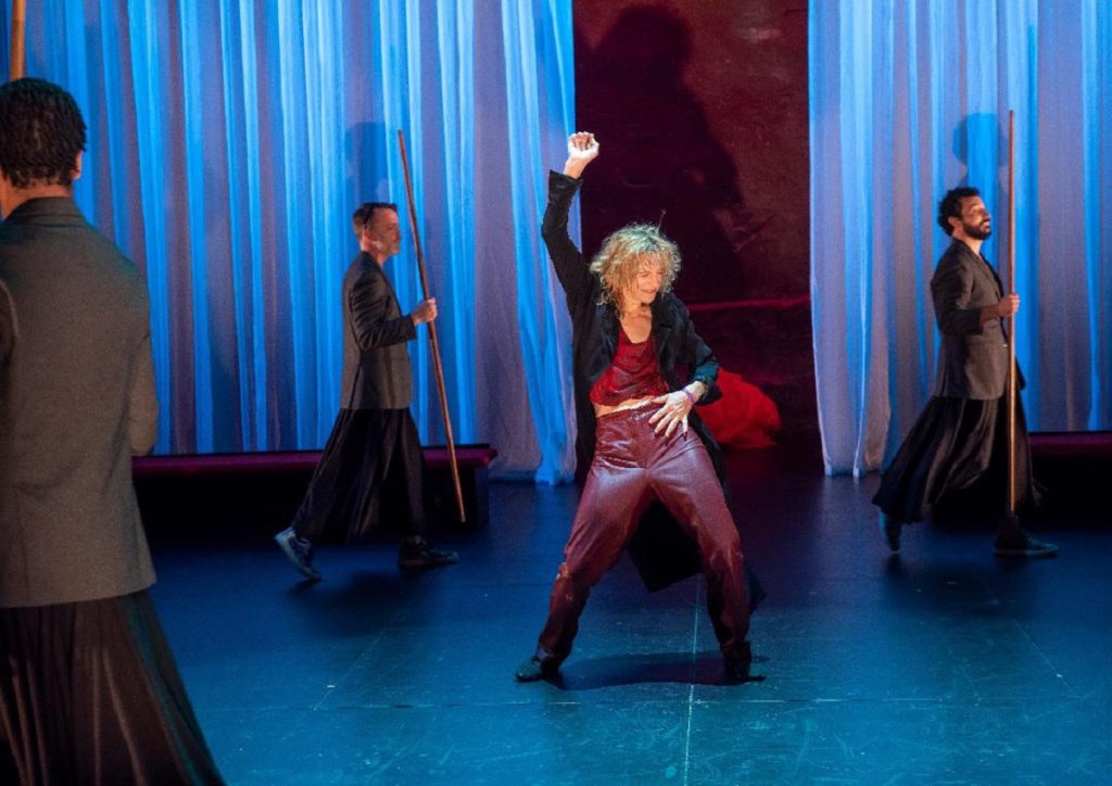 Ellen Lauren (center) and company in SITI Company's version of "The Bacchae" at the BAM Harvey Theater.