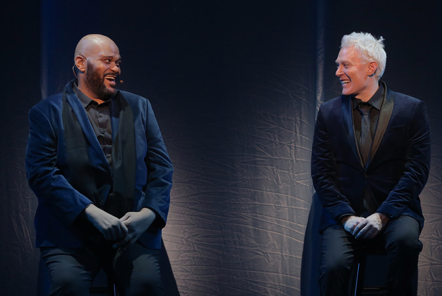 Ruben Studdard and Clay Aiken in "Ruben & Clay's First Annual Christmas Carol Family Fun Pageant Spectacular Reunion Show" at the Imperial Theatre. Photo by Mark Hill.