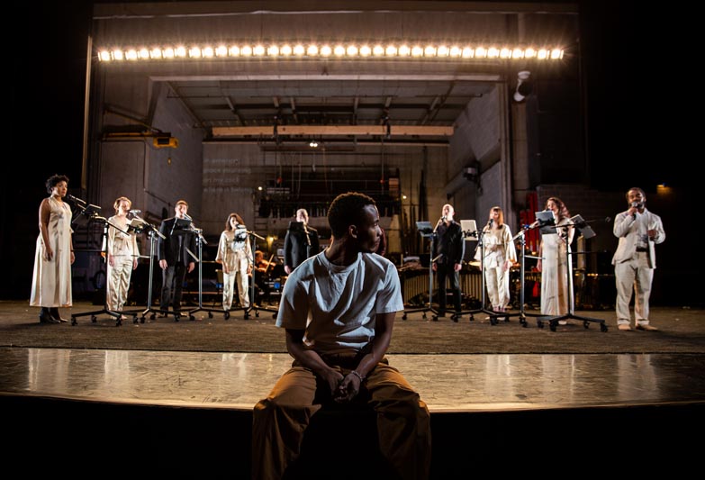 Martell Ruffin and Roomful of Teeth in "Triptych (Eyes of One on Another)" at the BAM Howard Gilman Opera House. Photo by Maria Baranova.