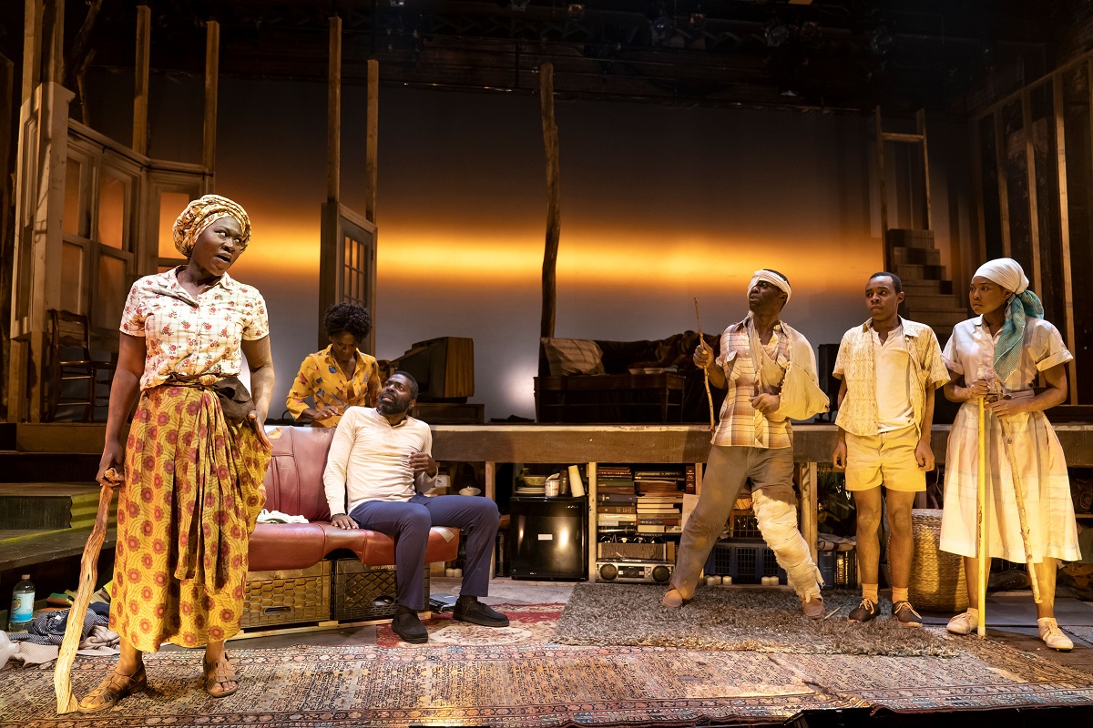 The company of Mfoniso Udofia's "runboyrun" (the first of a double bill, which also includes "In Old Age") at New York Theatre Workshop. Photo by Joan Marcus.