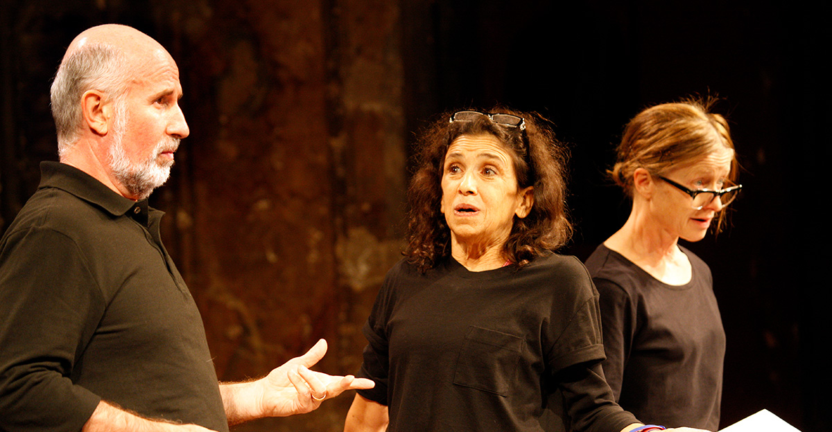 Marcello Magni, Kathryn Hunter, and Hayley Carmichael in Peter Brook and Marie-Hélène Estienne's "Why" at Theatre for a New Audience. Photo by Pascal Gély.