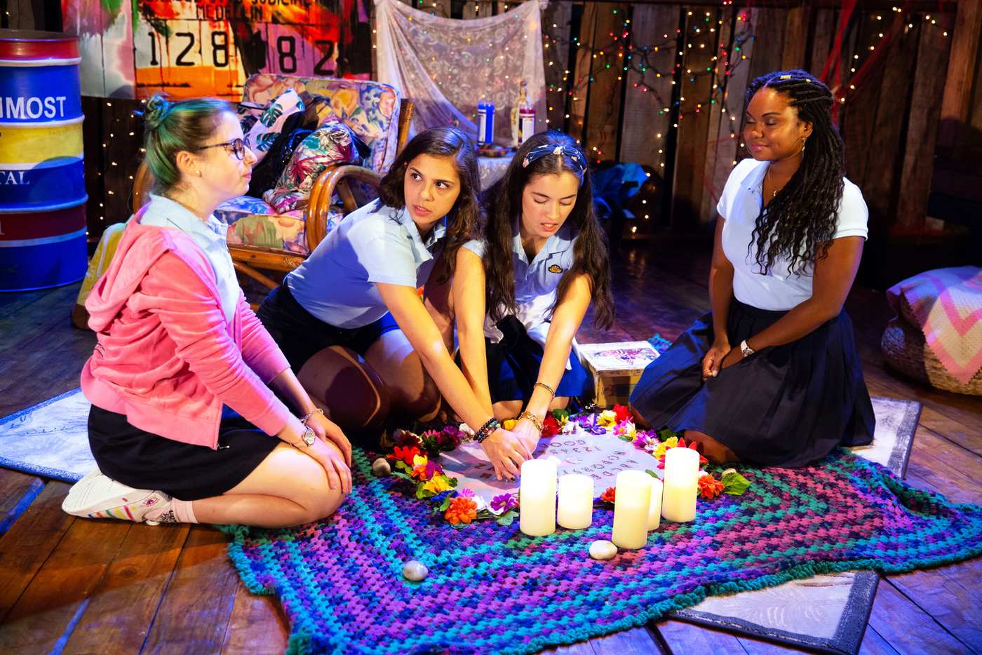 Alyssa May Gold, Rebecca Jimenez, Carmen Berkeley, and Malika Samuel in Alexis Scheer's co-production of "Our Dear Dead Drug Lord", a co-production by WP Theater and Second Stage Theater. Photo by Jeremy Daniel.