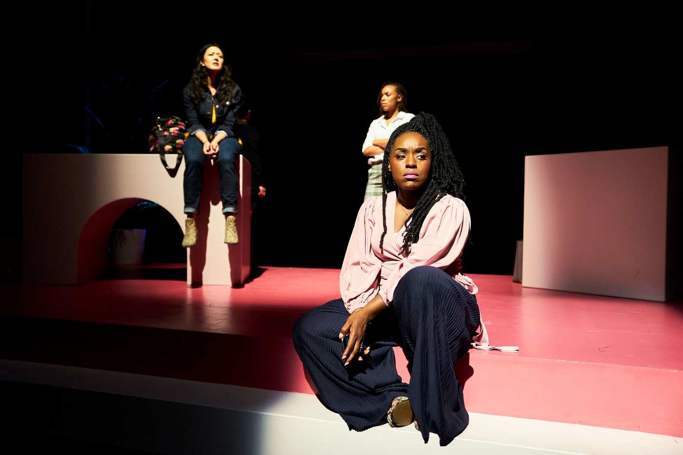 Satomi Blair, Jasmine Batchelor, and Maechi Aharanwa in the Playwrights Realm production of "Mothers" by Anna Moench at the Duke on 42nd Street. Photo by Daniel J Vasquez.