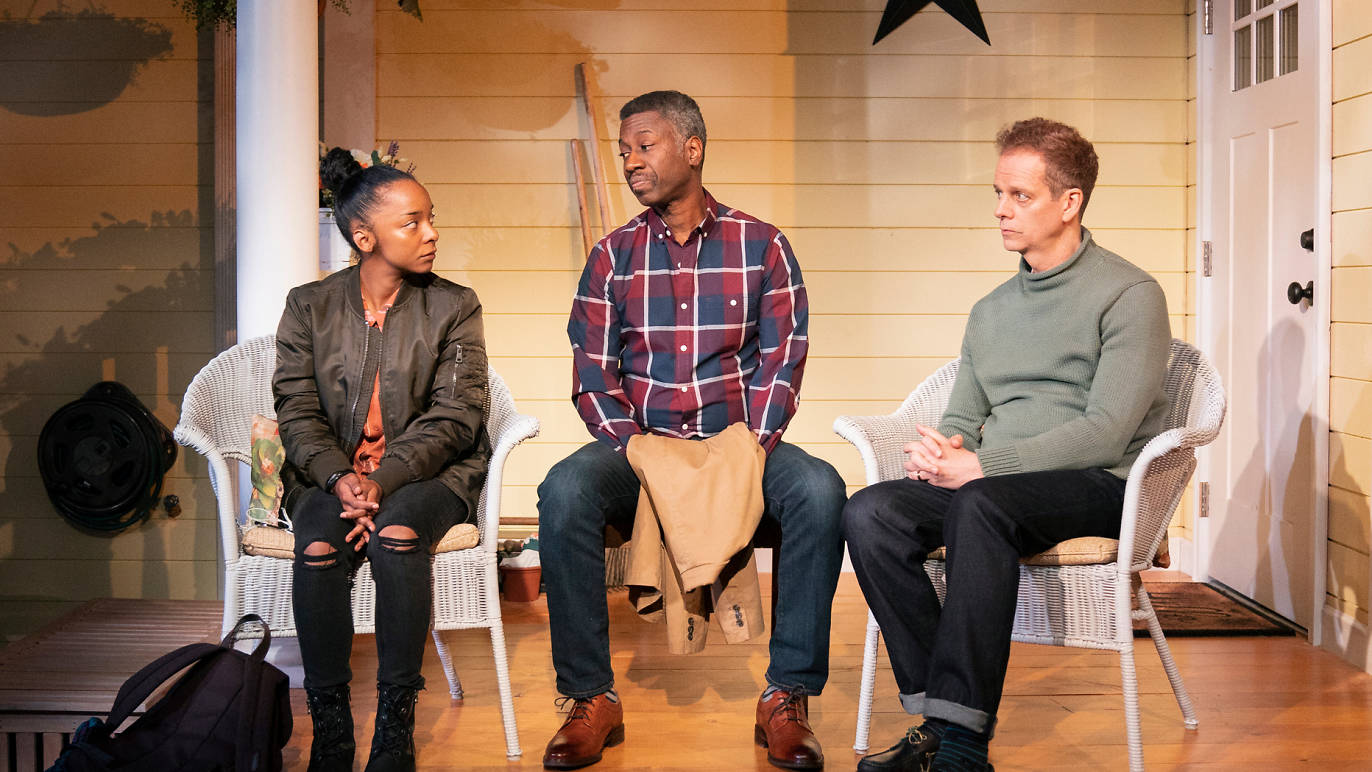 Kara Young, Teagle F. Bougere, and Patrick Breen in Manhattan Theatre Club's production of "The New Englanders" by Jeff Augustin at New York City Center. Photo by Joan Marcus.