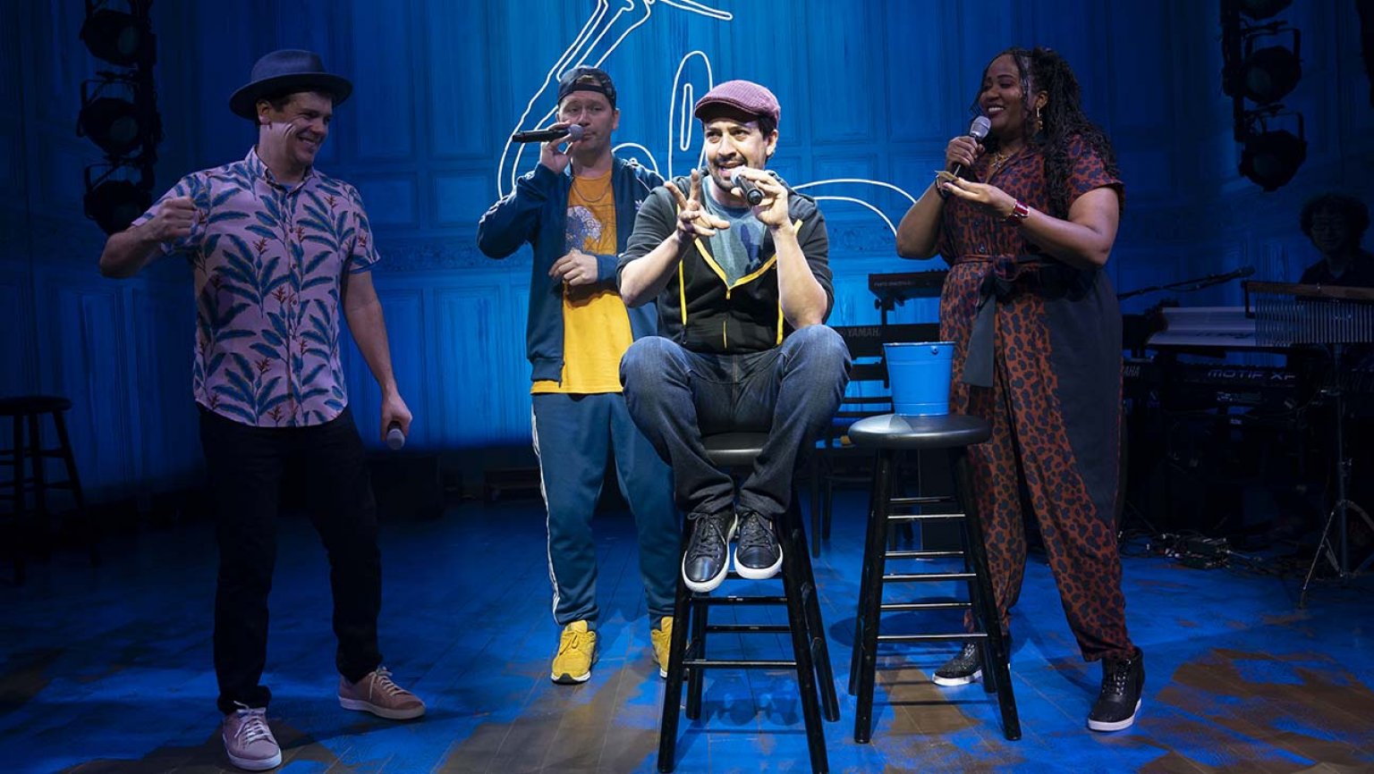 Anthony Veneziale, Chris Sullivan, Lin-Manuel Miranda, and Aneesa Folds in "Freestyle Love Supreme" at the Booth Theatre. Photo by Joan Marcus.