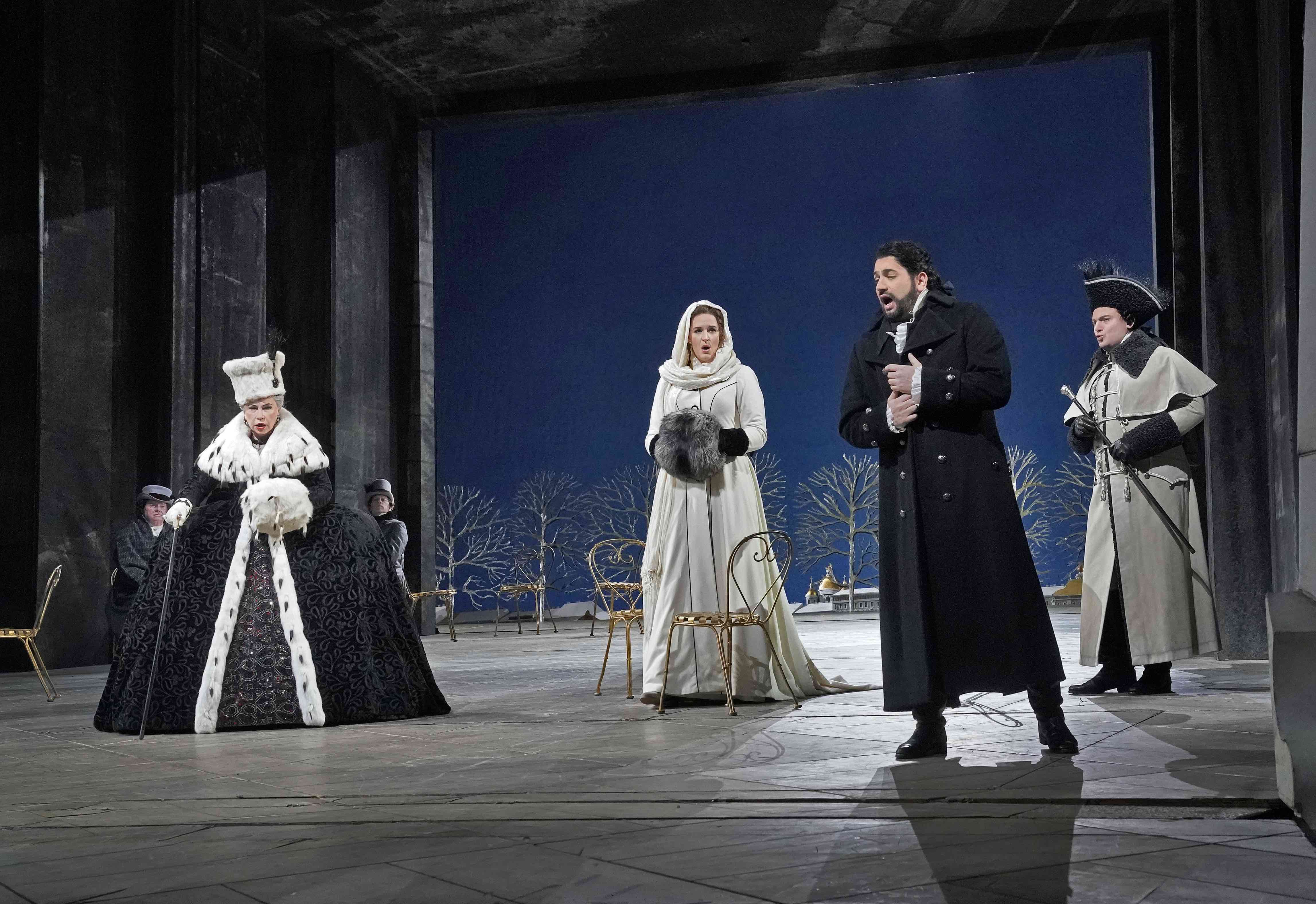 Larissa Diadkova, Lise Davidsen, Yusif Eyvazov, and Igor Golovatenko in Tchaikovsky's "The Queen of Spades" at the Metropolitan Opera. Photo by Ken Howard.