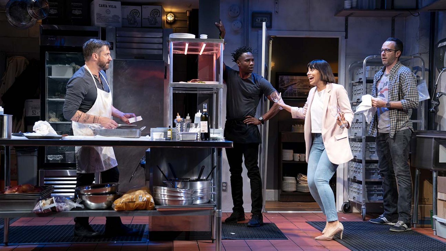 Raúl Esparza, W. Tré Davis, Krysta Rodriguez, and David Mason in MCC Theater's production of "Seared" by Theresa Rebeck. Photo by Joan Marcus.