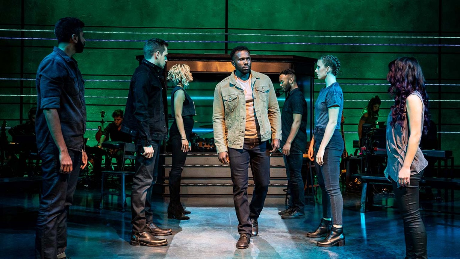 Joshua Henry and the company of Ross Golan's "The Wrong Man" at MCC Theater. Photo by Matthew Murphy.