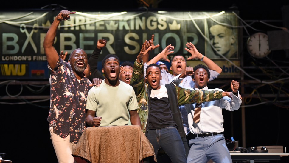 The company of Fuel, the National Theatre, and Leeds Playhouse's production of "Barber Shop Chronicles" by Inua Ellams, an offering at BAM's Next Wave Festival, at the Harvey Theater. Photo by Tim Trumble.