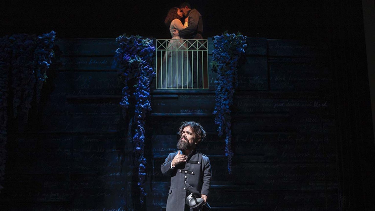 Peter Dinklage, Jasmine Cephas Jones, and Blake Jenner in the New Group's production of "Cyrano" at the Daryl Roth Theatre. Photo by Monique Carboni.