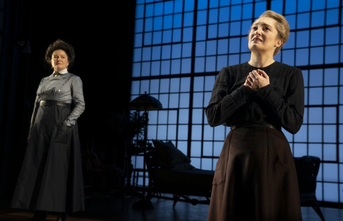 Kate Mulgrew and Francesca Faridany in Audible Theater's production of "The Half-Life of Marie Curie" by Lauren Gunderson at the Minetta Lane Theatre. Photo by Joan Marcus.