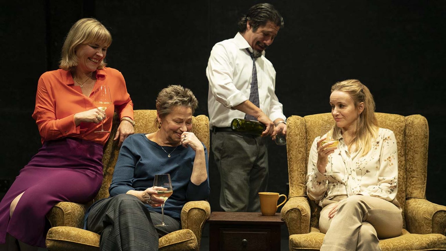 Kelly McAndrew, Randy Danson, Triney Sandoval and Emily Cass McDonnell in Playwrights Horizons' production of "The Thin Place" by Lucas Hnath at the Peter Jay Sharp Theatre. Photo by Joan Marcus.