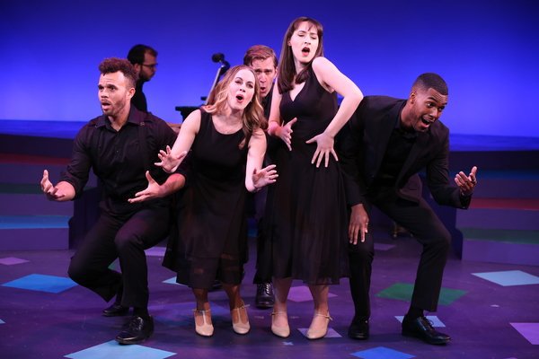 Justin Keyes, Greg Jarrett, Mamie Parris, Benjamin Eakeley, Alex Getlin, and Jovan E'Sean in "Anything Can Happen in the Theater: The Songs of Maury Yeston", courtesy of the York Theatre Company. Photo by Carol Rosegg.