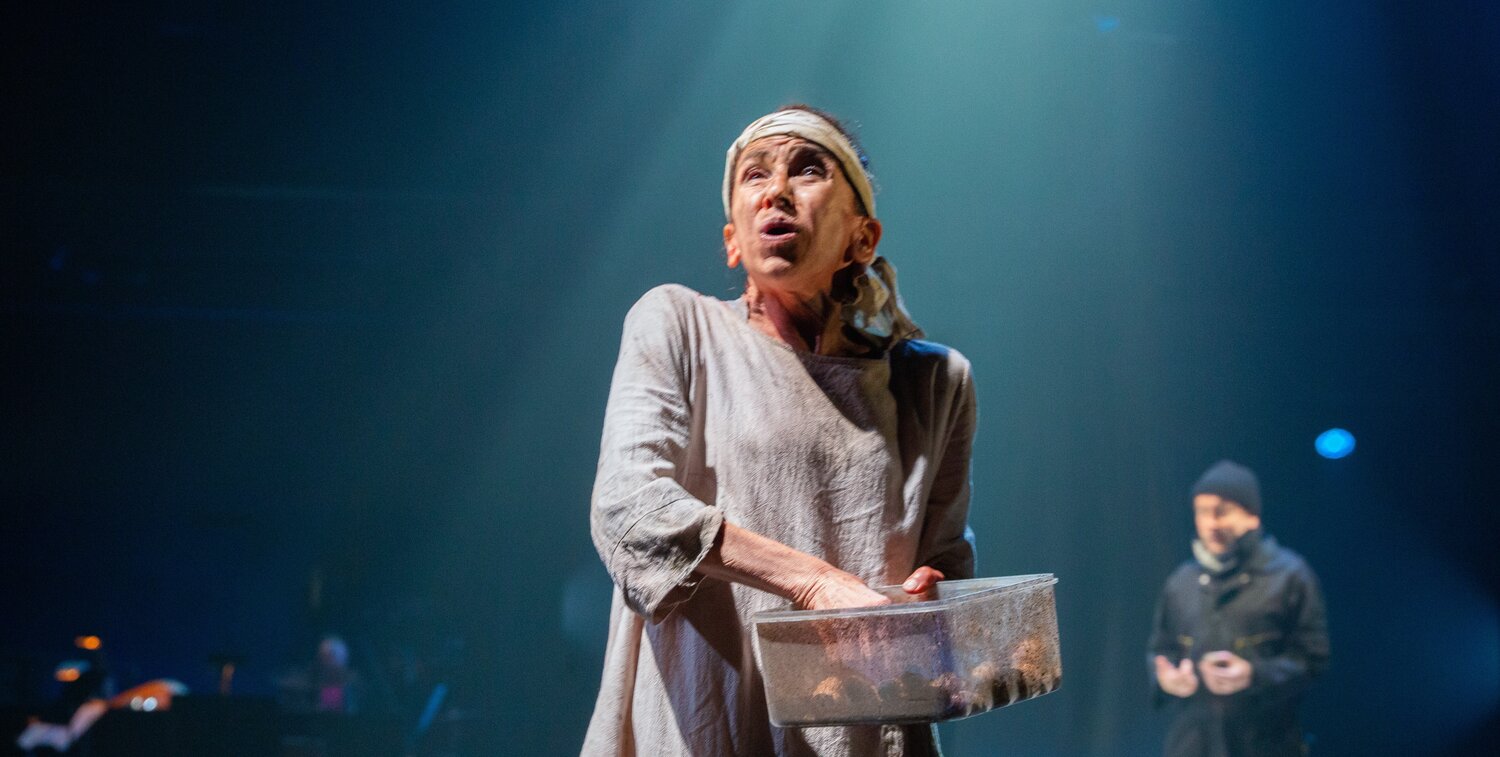 Kathryn Hunter in Shakespeare's "Timon of Athens", courtesy of Theatre for a New Audience at the Polonsky Shakespeare Center. Photo by Henry Grossman.