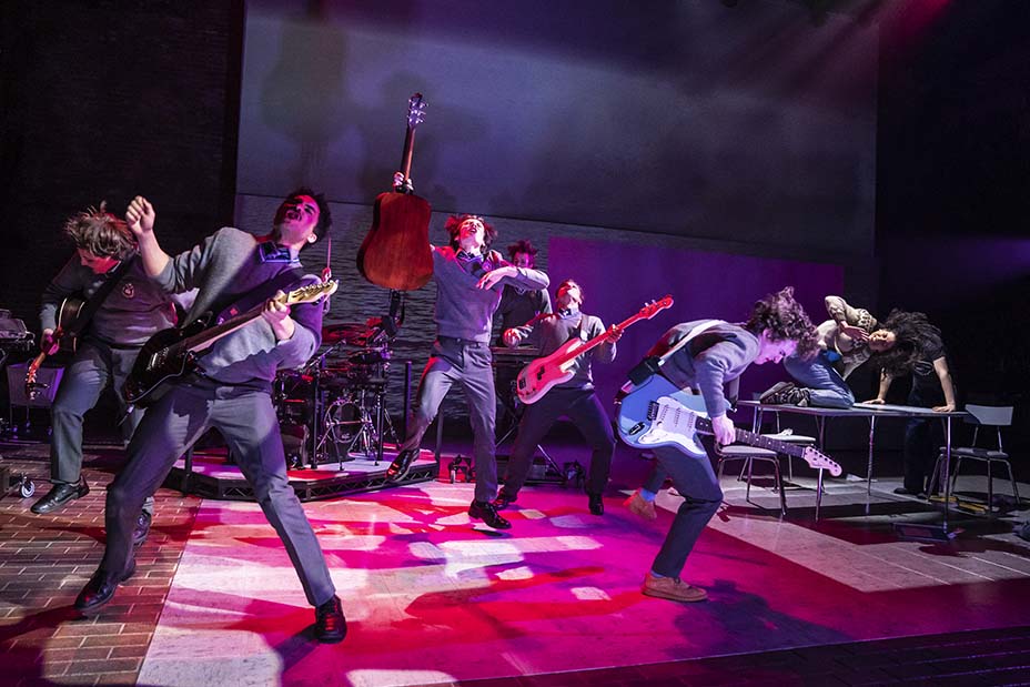 The company of the stage adaptation of "Sing Street" at New York Theatre Workshop. Photo by Matthew Murphy.