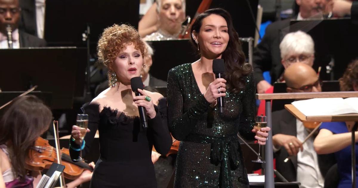 Bernadette Peters and Katrina Lenk in "Celebrating Sondheim" performed by the New York Philharmonic at the the David Geffen Hall.