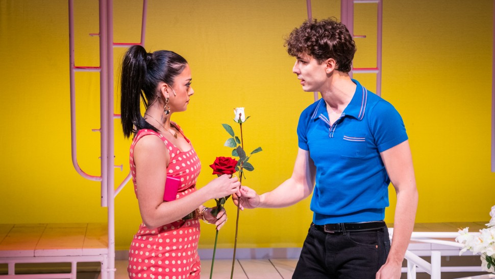 Anna Kostakis and Nikita Burshteyn in Amas Musical Theatre's production of "Romeo & Bernadette: A Musical Tale of Verona and Brooklyn" by Mark Saltzman at A.R.T./New York Theatres. Photo by Russ Rowland.