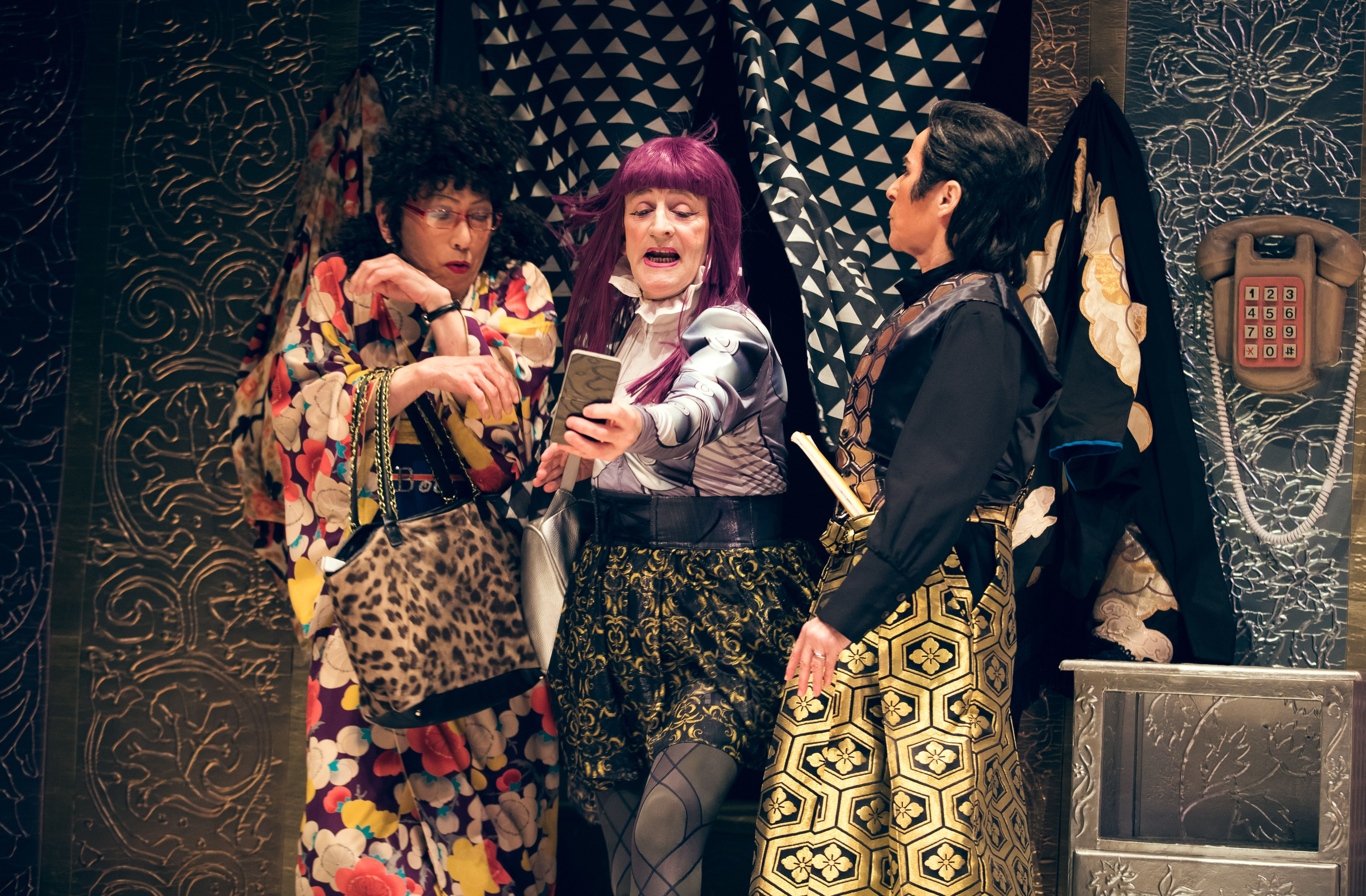 Hideki Noda, Glyn Pritchard, and Lilo Baur in Tokyo Metropolitan Theatre's production of "One Green Bottle" by Mr. Noda at La MaMa Experimental Theatre Club. Photo by Terry Lin.