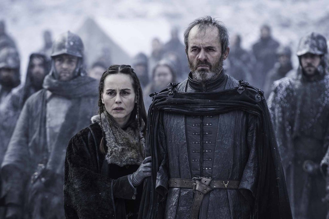 Tara Fitzgerald and Stephen Dillane as Stannis and Selyse Baratheon, a.k.a. the Macbeths.