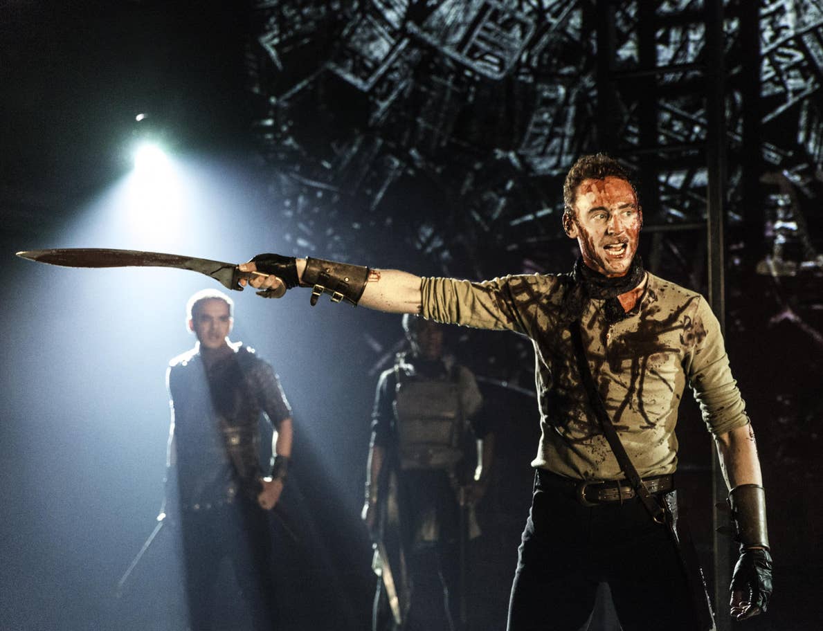 Tom Hiddleston and company in Donmar Warehouse's production of Shakespeare's "Coriolanus".