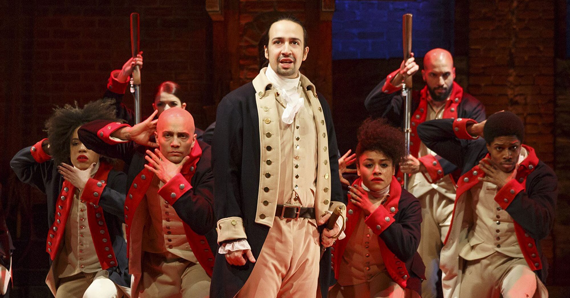 Lin-Manuel Miranda leads the company of "Hamilton" on Broadway. Photo by Joan Marcus.