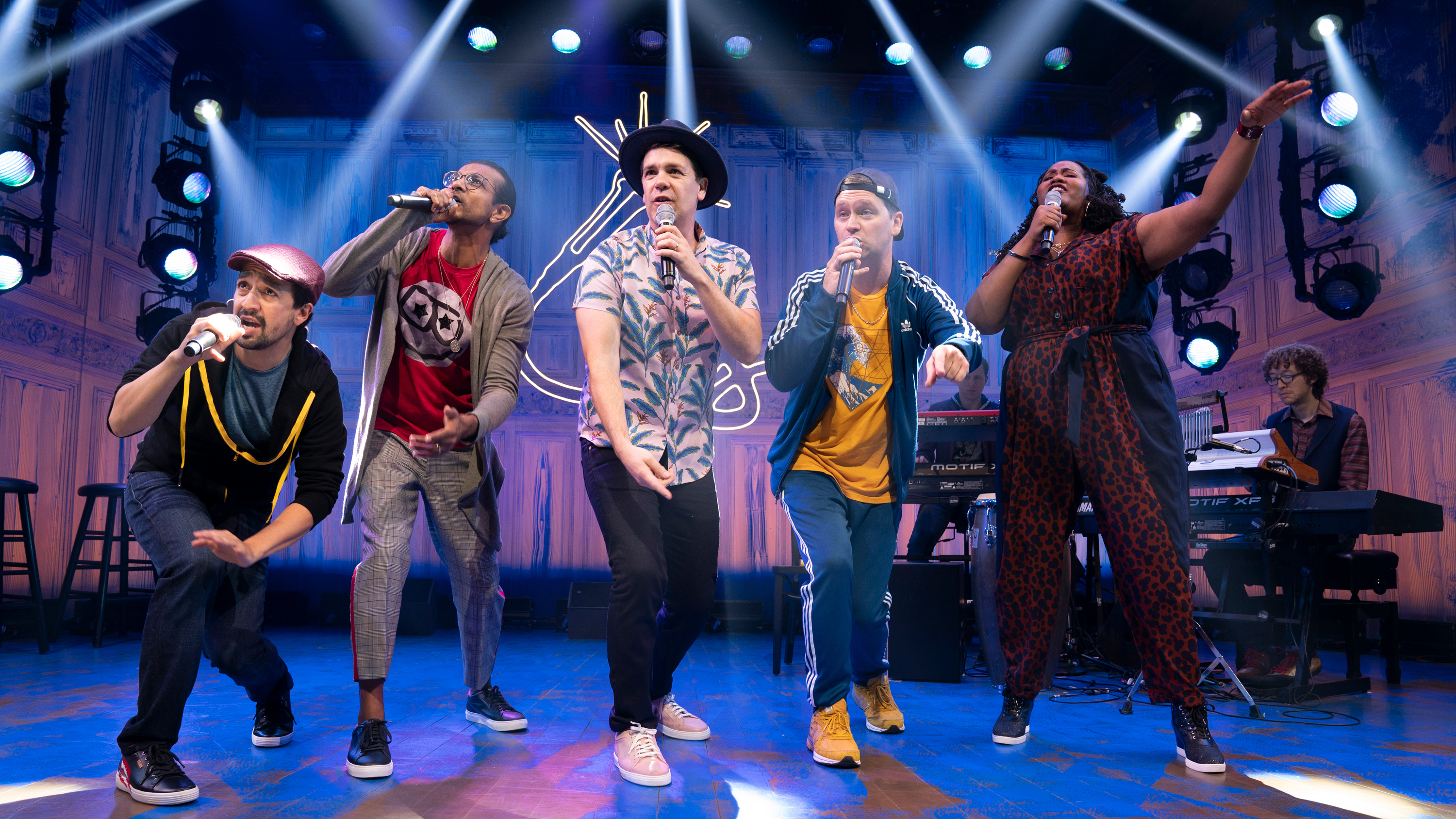 Lin-Manuel Miranda (left) and the members of Freestyle Love Supreme on Broadway.